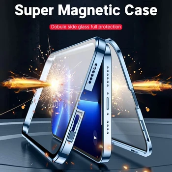 Металлический Магнитный Чехол Для iPhone 11 12 13 14 Pro Max 12 13 Mini 14 Plus С Двусторонним Стеклом И Полной Защитой