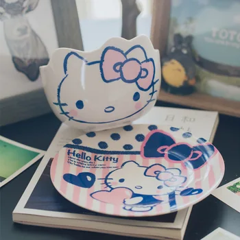 Милая миска для лапши Hello Kitty, мультяшная керамическая креативная японская большая рисовая миска, тарелка, набор чашек, домашняя миска для супа, посуда, подарок