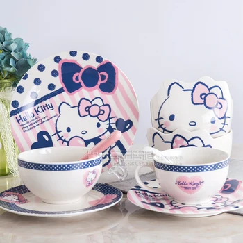 Милая миска для лапши Hello Kitty, мультяшная керамическая креативная японская большая рисовая миска, тарелка, набор чашек, домашняя миска для супа, посуда, подарок Изображение 2