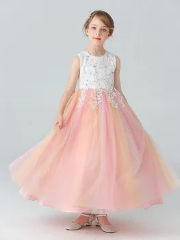 Милое бальное платье принцессы без рукавов, платье с цветочным узором для девочек, Тюль для первого причастия, многоуровневый бант, подходит для 3-14 лет