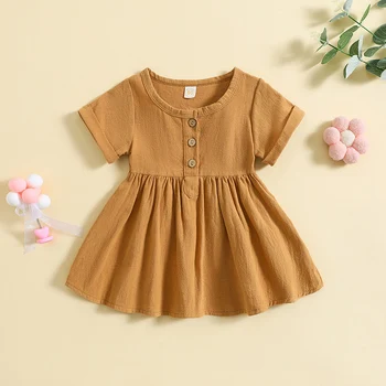 Милые Летние платья для маленьких девочек, одежда с коротким рукавом, однотонные платья на пуговицах, повседневная одежда для младенцев Изображение 2