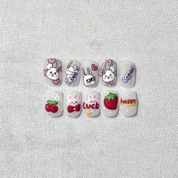 Милый Мультяшный Кролик, 5D Рельефные Рельефы, Самоклеящиеся наклейки для ногтей, Банни, Клубника, Вишня, Молочные конфеты, 3D Наклейки для маникюра Изображение 2