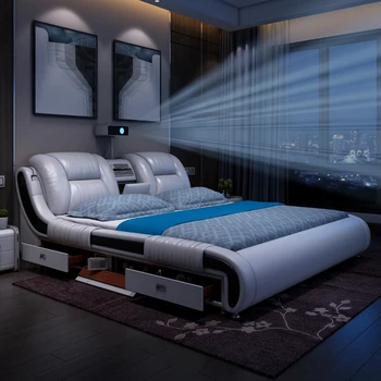 Многофункциональная кожаная кровать Simple 1,8 м в главной спальне, Супружеская кровать 1,5 м, Проекционный массаж, Хранение аудио, Умная кровать