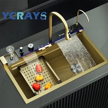 Многофункциональная кухонная раковина YCRAYS Gold Waterfall, Большой Однощелевой кран со встроенным цифровым дисплеем, Дозатор мыла, Мойка для чашек.