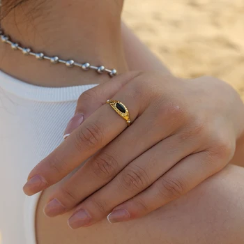 Многоцветное Овальное кольцо с цирконием, 18-каратное позолоченное Ювелирное изделие из нержавеющей стали, открытая Водонепроницаемая металлическая текстура, подарок для вечеринки для девочек