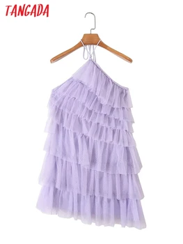 Модное женское фиолетовое сетчатое платье на бретелях с открытой спиной, сексуальные вечерние платья Famle 4T01