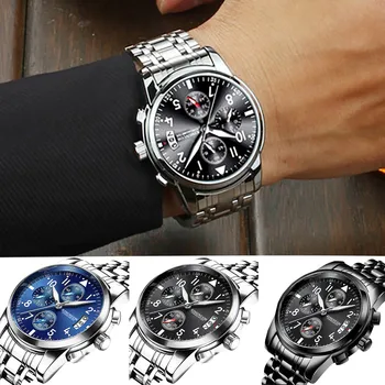 Модные мужские часы со стальным ремешком, светящиеся часы с одним календарем, Роскошные наручные деловые часы, кварцевые часы Relogio Masculino Изображение 2