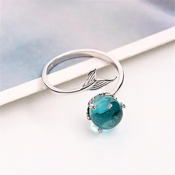 Модные Серебряные кольца Русалки с открытым синим кристаллом для женщин и девочек, Подарочные украшения для девочек, кольцо на палец регулируемого размера