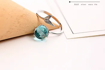 Модные Серебряные кольца Русалки с открытым синим кристаллом для женщин и девочек, Подарочные украшения для девочек, кольцо на палец регулируемого размера Изображение 2