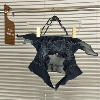 Модные укороченные топы с оборками и воротником-стойкой 2023, новый винтажный Камзол из выстиранной джинсовой ткани, летняя женская майка Y4051 Изображение 2