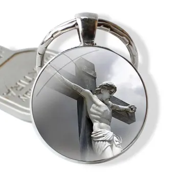 Модный дизайн Креативный мультфильм Иисус Спаситель Крест Стеклянный брелок с кабошоном Брелки для ключей от автомобиля ручной работы Изображение 2