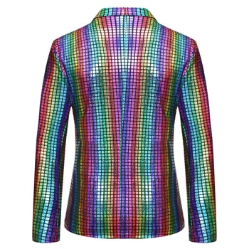 Модный мужской пиджак в радужную клетку цвета: Золотистый, серебристый, для мужской танцевальной вечеринки, Повседневный тонкий Свободный блейзер, пальто Изображение 2