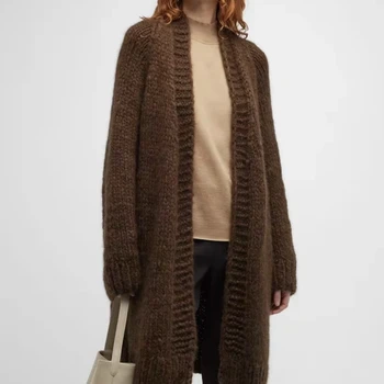 Модный осенне-зимний коричневый кардиган 2023 года, свободный вязаный свитер, куртка для женщин