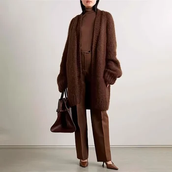 Модный осенне-зимний коричневый кардиган 2023 года, свободный вязаный свитер, куртка для женщин Изображение 2
