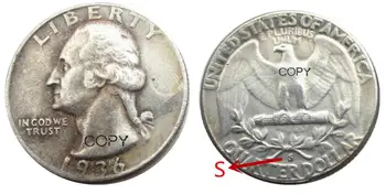 Монета-копия Вашингтонского квартала 1936 года выпуска, покрытая серебром.