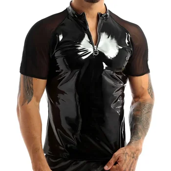 Мужская блестящая футболка из ПВХ, Латексная футболка Wetlook, мужские глянцевые рубашки из искусственной кожи, тонкие футболки на молнии с короткими рукавами, топы, мужская клубная одежда