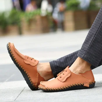 Мужская обувь ручной работы, обувь из спилка для отдыха, мужские лоферы, супер мягкие мужские туфли на плоской подошве, повседневная кожаная обувь для мужчин, большой размер 38-50 Изображение 2