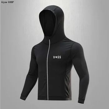 Мужская спортивная толстовка с капюшоном, куртка для бега, мужские спортивные куртки, черная толстовка с принтом на молнии, верхняя одежда, спортивная одежда для фитнеса Изображение 2