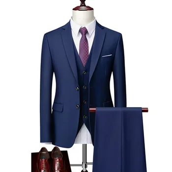 Мужские деловые комплекты костюмов из 3 предметов / Свадебный банкет жениха, однотонные брендовые блейзеры большого размера, куртка, пальто, брюки, жилет, брюки Изображение 2