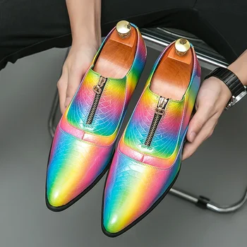 Мужские модные банкетные туфли из искусственной кожи на высоком каблуке с разноцветными застежками-молниями, удобная деловая повседневная обувь, обувь для парикмахера