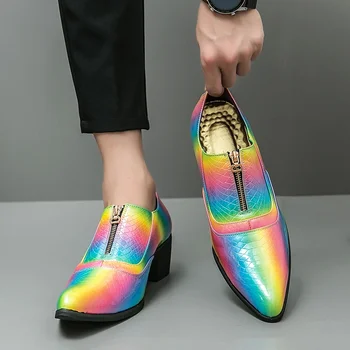 Мужские модные банкетные туфли из искусственной кожи на высоком каблуке с разноцветными застежками-молниями, удобная деловая повседневная обувь, обувь для парикмахера Изображение 2
