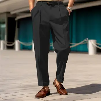 Мужские мягкие костюмные брюки Стильные мужские костюмные брюки из дышащей ткани со средней талией и широкими штанинами для официальной деловой офисной одежды