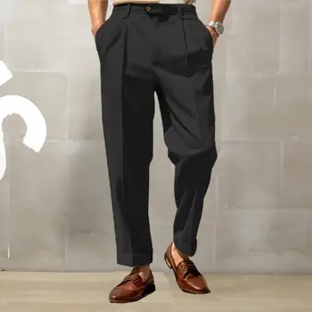 Мужские мягкие костюмные брюки Стильные мужские костюмные брюки из дышащей ткани со средней талией и широкими штанинами для официальной деловой офисной одежды Изображение 2