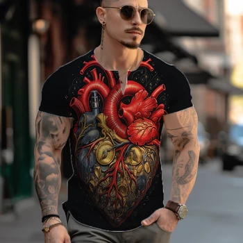 Мужские уличные крутые футболки, Стильные Свободные футболки с коротким рукавом, Летние Простые повседневные футболки, Уникальная футболка с 3D принтом Сердца