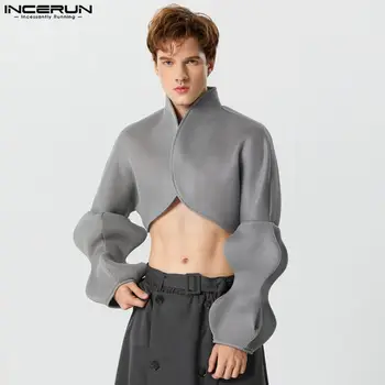 Мужской блейзер 2023 года, однотонные повседневные костюмы с пышным воротником-стойкой и длинным рукавом, мужская уличная одежда, модные укороченные пальто на пуговицах, S-5XL INCERUN Изображение 2