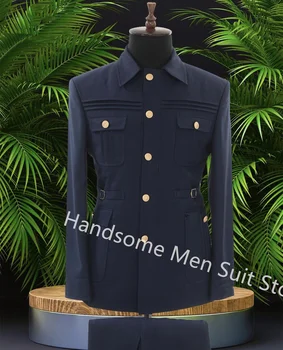 Мужской костюм большого роста, 2 предмета, темно-синий повседневный однобортный пиджак с золотыми пуговицами, комплекты мужской одежды, сшитые на заказ. Изображение 2