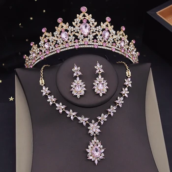 Наборы украшений в виде розовой короны принцессы для женщин, свадебные диадемы, вечернее ожерелье, серьги, Свадебное платье, комплект украшений для невесты, аксессуар
