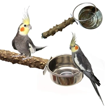 Насест для клетки с попугаем, подставка из натурального дерева, подставка для посуды из нержавеющей стали, Чаша-кормушка для попугайчиков-попугаек Изображение 2
