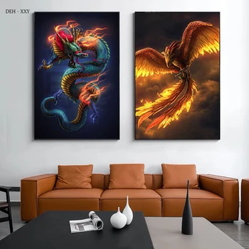 Настенное искусство Холст Картина Плакаты с драконами и Фениксами Абстрактные животные Настенные рисунки для украшения дома, гостиной, росписи