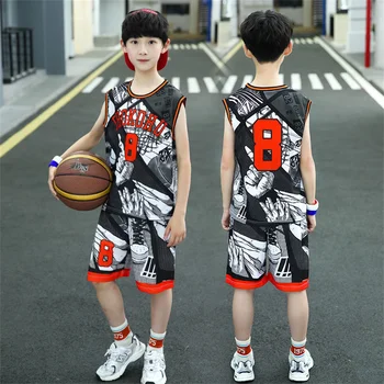 Новая баскетбольная форма для мальчиков, спортивная одежда на открытом воздухе, от 5 до 14 лет, баскетбольный жилет для мальчиков, Короткий костюм, Летний комплект детской одежды Изображение 2