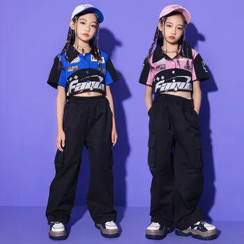 Новая одежда в стиле хип-хоп для девочек, укороченная куртка, спортивные топы, брюки-карго, Уличная одежда для детей-подростков, джазовый танцевальный костюм, Детская сценическая одежда Изображение 2