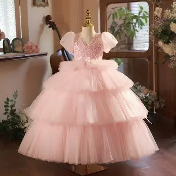 Новое детское вечернее платье с жемчугом, детская одежда для свадьбы, дня рождения, крещения, вечеринки, длинные платья для девочек, Vestidos A3246