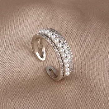 Новое Корейское кольцо с геометрическим рисунком из жемчуга 2023 года, элегантное простое модное кольцо, Элегантные женские украшения