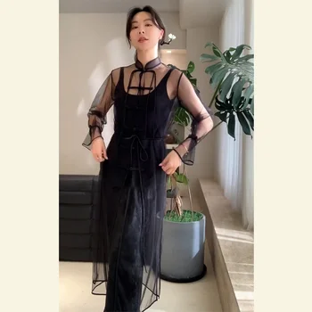 Новое платье в китайском стиле в национальном стиле, высококачественное легкое роскошное нишевое платье в стиле бунтарской тысячи золотых, черное сетчатое платье с уксусной кислотой