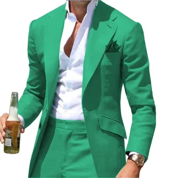 Новое поступление, зеленый костюм, Мужские свадебные костюмы Для мужчин, Жених, Приталенный, элегантный летний блейзер, костюм homme 2 шт.