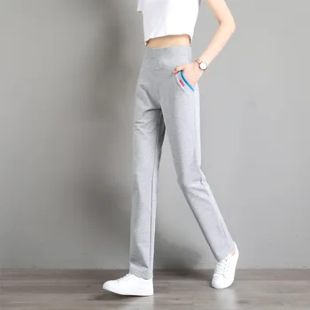 Новые весенне-осенние Свободные прямые эластичные однотонные брюки со средней талией, повседневные спортивные женские брюки Изображение 2
