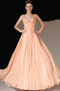 Новые вечерние платья из оранжевого шифона в стиле ампир с V-образным вырезом, вечернее платье на бретелях без спинки. Изображение 2
