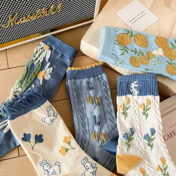Новые женские носки в стиле ретро Харадзюку 2023 года, Японские модные винтажные длинные носки с цветочной вышивкой в Корейском стиле, милые носки с оборками Kawaii