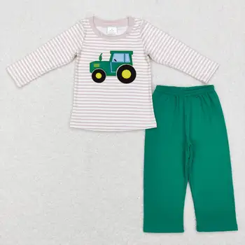 новый детский костюм для мальчиков, вышитый грузовик, топ в светлую полоску цвета хаки, зеленые спортивные штаны, костюм