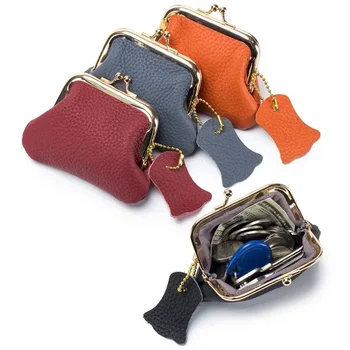 Новый кожаный компактный винтажный кошелек для монет, женская мини-сумка для хранения монет, сумка-зажим из воловьей кожи с рисунком личи Изображение 2