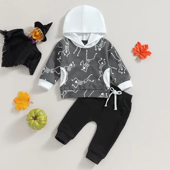 Одежда для маленьких мальчиков из 2 предметов, толстовка с длинными рукавами и штанами с принтом скелета на Хэллоуин, осенняя одежда для малышей Изображение 2