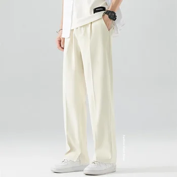 Одинарный плиссированный летний костюм, брюки, Мужская Корейская мода, Полуширокая талия, Прямые Свободные Черные повседневные брюки, Брюки для мужчин