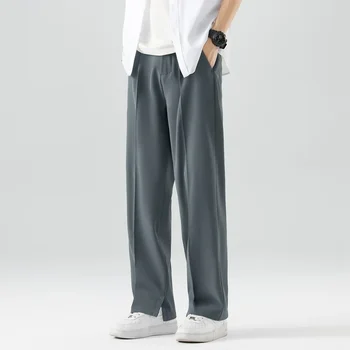Одинарный плиссированный летний костюм, брюки, Мужская Корейская мода, Полуширокая талия, Прямые Свободные Черные повседневные брюки, Брюки для мужчин Изображение 2