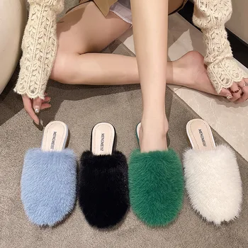 Однотонные плюшевые теплые полупритяжки осенью и зимой 2023, новые модные повседневные тапочки Baotou, женская оптовая продажа, женская обувь Изображение 2