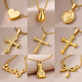 Ожерелье с готическим крестом для женщин, ожерелье из фарфора из нержавеющей стали золотого цвета, христианские украшения, подарок на День рождения, Бесплатная Доставка, ошейник