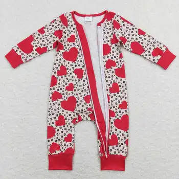 Оптовая горячая распродажа детской одежды для новорожденных, комбинезоны с длинными рукавами и красной застежкой-молнией с леопардовым принтом Изображение 2